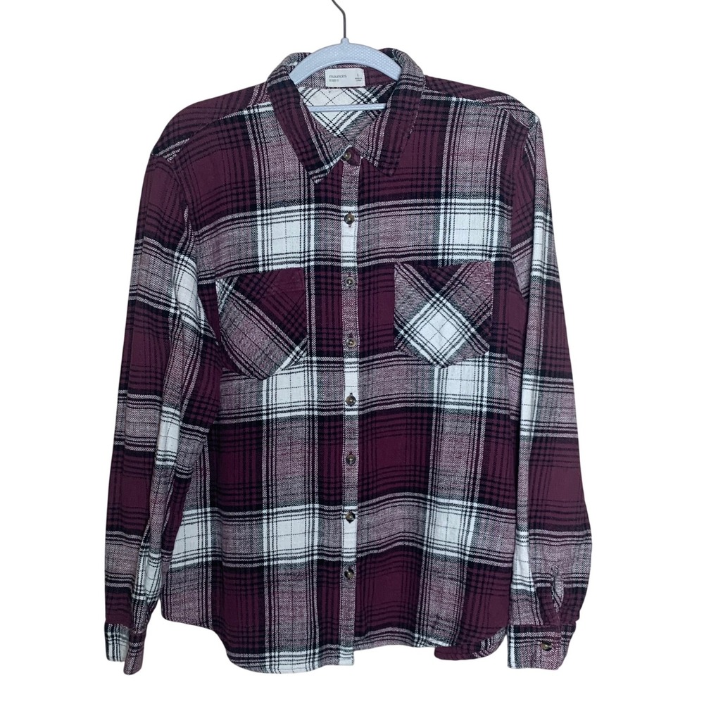 Maurices Flannel Button Down Women Large Burgundy‎ Plaid Excellent Relaxed Fit